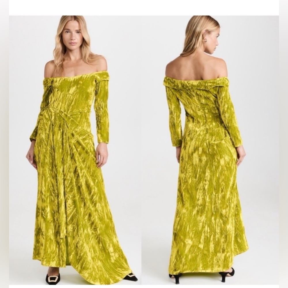A.W.A.K.E. MODE Crushed Velvet Draped off shoulder neon citron Long dress 34 US2